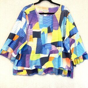 Alfred Dunner 2X Colorful Abstract Knit Top Blouse Artsy 3/4 Sleeve Indigo Daze
